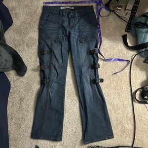 express low rise flare buckle jeans